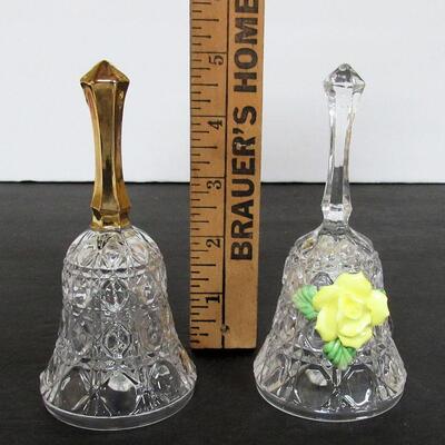 2 Vintage Small Pressed Glass Bells, One With Applied Yellow Rose, Taiwan