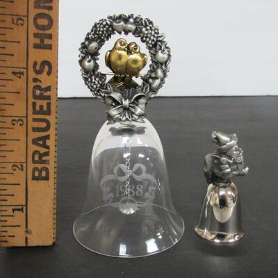 2 Vintage Bells, Clear Glass With Pewter Wreath and Love Birds, Small Pewter and Chrome
