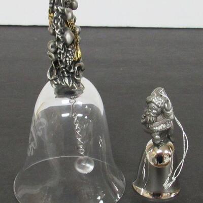 2 Vintage Bells, Clear Glass With Pewter Wreath and Love Birds, Small Pewter and Chrome