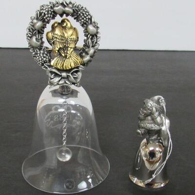 2 Vintage Bells, Clear Glass With Pewter Wreath and Love Birds, Small Pewter and Chrome