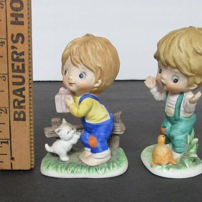 Small Boy Figurines, Bisque With Animals, Taiwan