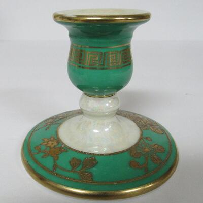Vintage Noritake Single Candlestick, Green With Gold Bird Trim, Iridized