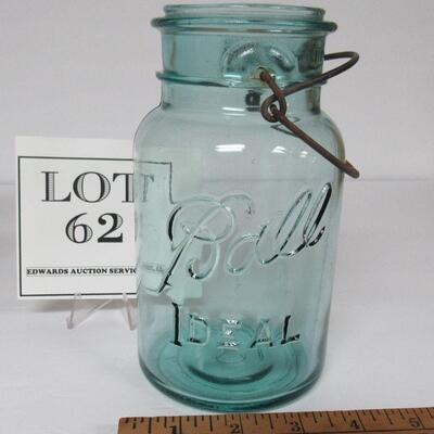 Vintage Aqua Quart Ball Ideal Canning Jar #10 With Wire Closure and Glass Cover