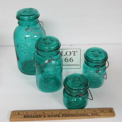 Nice Bicentennial Set Ball Mason Canning Jars With Wire Bales and Glass Covers, Dark Aqua,  Read Description