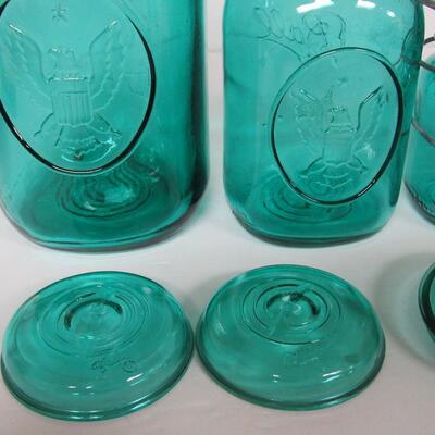 Nice Bicentennial Set Ball Mason Canning Jars With Wire Bales and Glass Covers, Dark Aqua,  Read Description