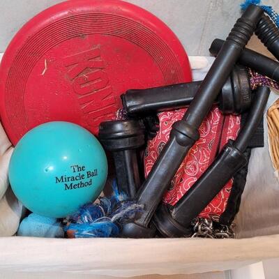 Lot 387: Assortment of Used Dog Toys w/ Basket
