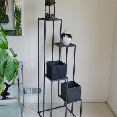 Lot 43: Plant Stand with Pottery & Lantern 