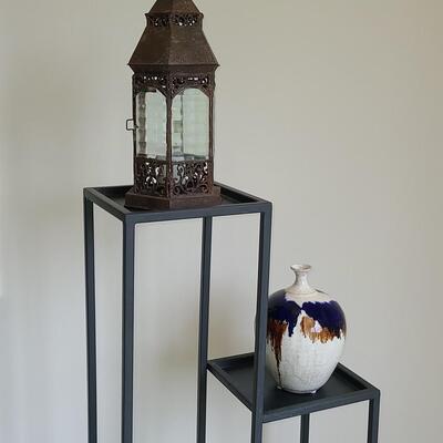 Lot 43: Plant Stand with Pottery & Lantern 