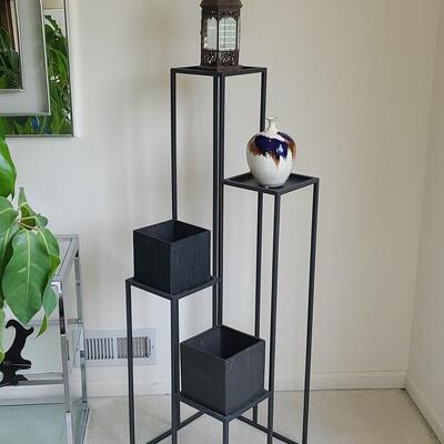 Lot 43: Plant Stand with Pottery & Lantern 