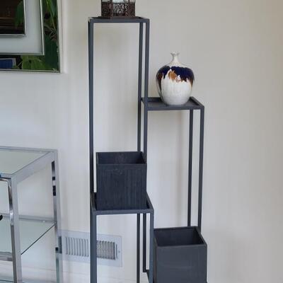 Lot 43: Plant Stand with Pottery & Lantern 