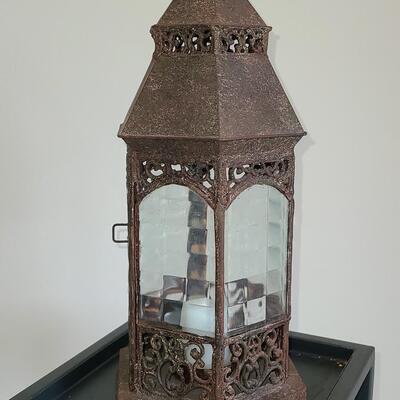 Lot 43: Plant Stand with Pottery & Lantern 