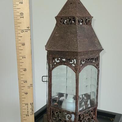 Lot 43: Plant Stand with Pottery & Lantern 