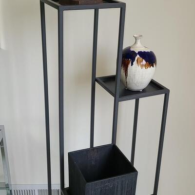Lot 43: Plant Stand with Pottery & Lantern 