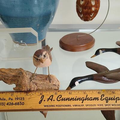 Lot 47: Artist Signed Owl Block, Pottery, Wood Carved Birds, and More  