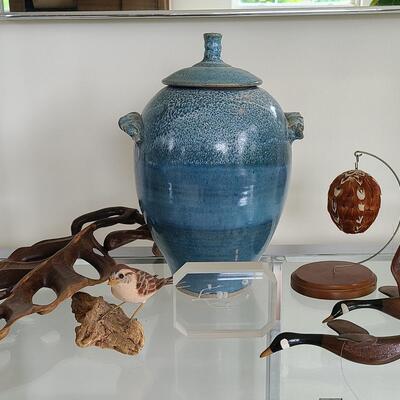 Lot 47: Artist Signed Owl Block, Pottery, Wood Carved Birds, and More  