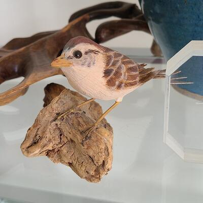 Lot 47: Artist Signed Owl Block, Pottery, Wood Carved Birds, and More  