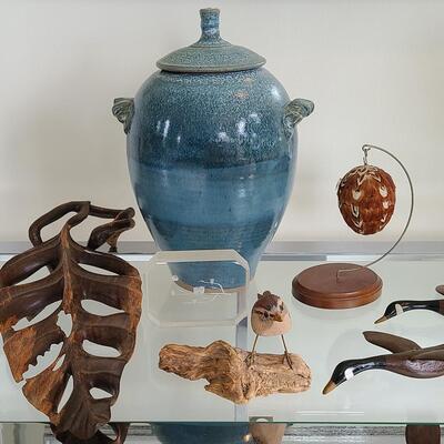 Lot 47: Artist Signed Owl Block, Pottery, Wood Carved Birds, and More  