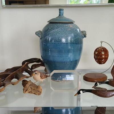 Lot 47: Artist Signed Owl Block, Pottery, Wood Carved Birds, and More  