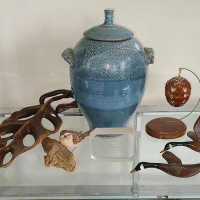 Lot 47: Artist Signed Owl Block, Pottery, Wood Carved Birds, and More  