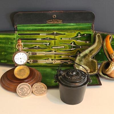 Lot 55: Antique Collectibles: Fanner Glue Pot, Glassboro Coins, & More 