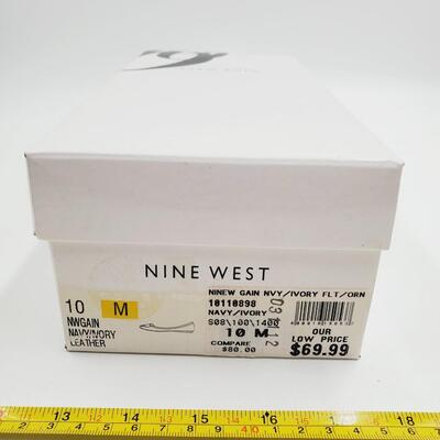 NINE WEST NAVY/IVORY LEATHER FLATS SIZE 10M WITH SOLVER TONED BUCKLE WITH BOX