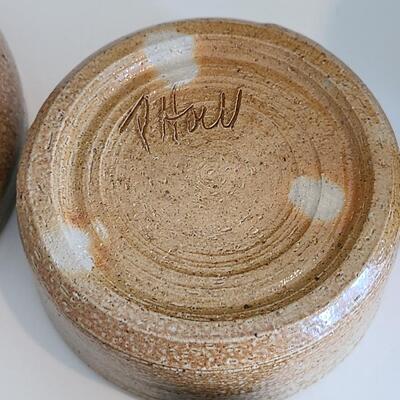 Lot 56: MCM Pottery Lamp Base  & Signed Floral Pottery Trinket Dishes 