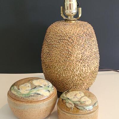 Lot 56: MCM Pottery Lamp Base  & Signed Floral Pottery Trinket Dishes 
