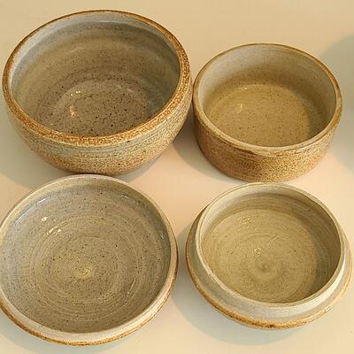 Lot 56: MCM Pottery Lamp Base  & Signed Floral Pottery Trinket Dishes 