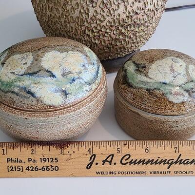 Lot 56: MCM Pottery Lamp Base  & Signed Floral Pottery Trinket Dishes 
