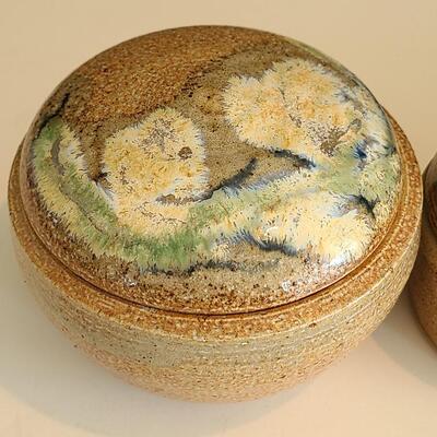 Lot 56: MCM Pottery Lamp Base  & Signed Floral Pottery Trinket Dishes 
