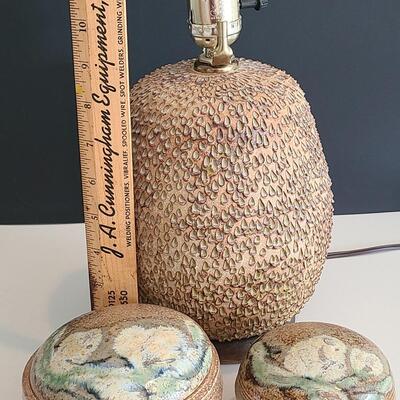 Lot 56: MCM Pottery Lamp Base  & Signed Floral Pottery Trinket Dishes 