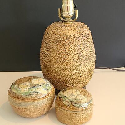 Lot 56: MCM Pottery Lamp Base  & Signed Floral Pottery Trinket Dishes 
