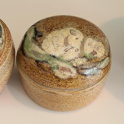 Lot 56: MCM Pottery Lamp Base  & Signed Floral Pottery Trinket Dishes 