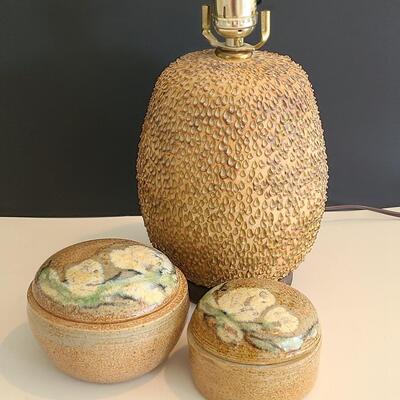 Lot 56: MCM Pottery Lamp Base  & Signed Floral Pottery Trinket Dishes 