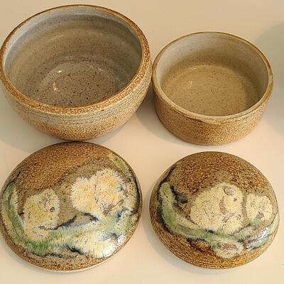Lot 56: MCM Pottery Lamp Base  & Signed Floral Pottery Trinket Dishes 