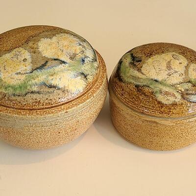 Lot 56: MCM Pottery Lamp Base  & Signed Floral Pottery Trinket Dishes 