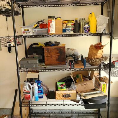 Lot 81: Metal Storage Rack with Garage Supplies 