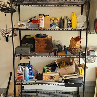 Lot 81: Metal Storage Rack with Garage Supplies 