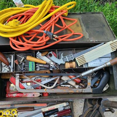 Lot 84: ToolBox, Extension Cords, and Antique Hand Crank Drill Press 