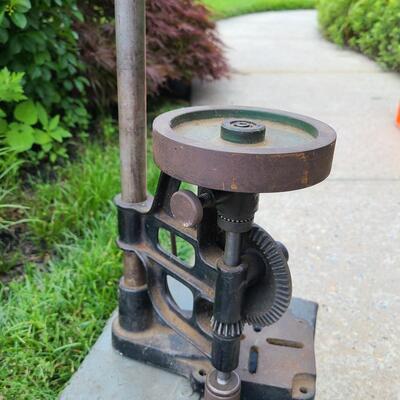 Lot 84: ToolBox, Extension Cords, and Antique Hand Crank Drill Press 