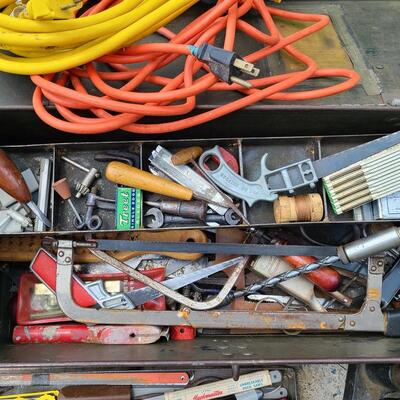 Lot 84: ToolBox, Extension Cords, and Antique Hand Crank Drill Press 