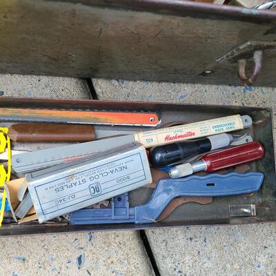 Lot 84: ToolBox, Extension Cords, and Antique Hand Crank Drill Press 