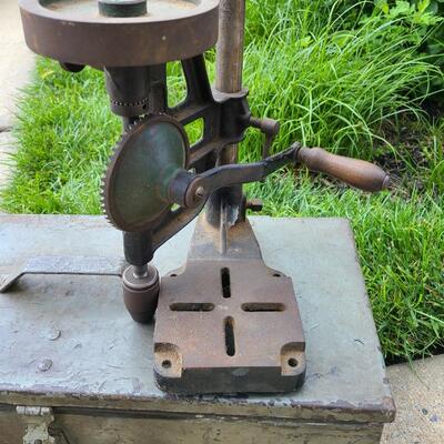 Lot 84: ToolBox, Extension Cords, and Antique Hand Crank Drill Press 