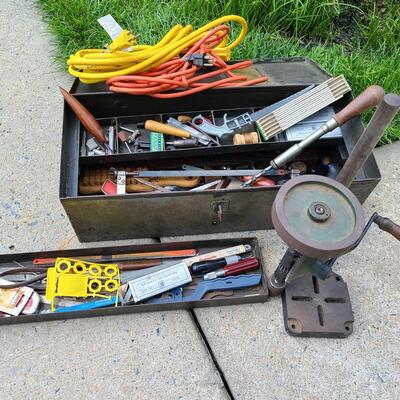 Lot 84: ToolBox, Extension Cords, and Antique Hand Crank Drill Press 