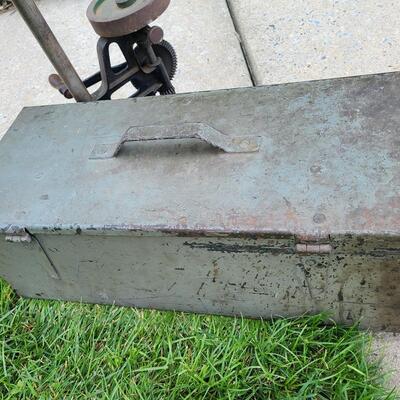 Lot 84: ToolBox, Extension Cords, and Antique Hand Crank Drill Press 