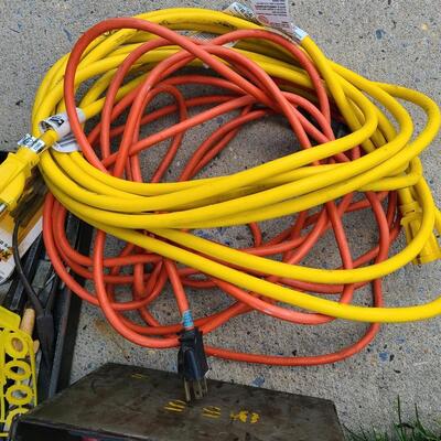 Lot 84: ToolBox, Extension Cords, and Antique Hand Crank Drill Press 