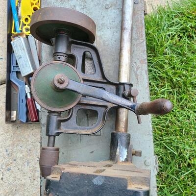 Lot 84: ToolBox, Extension Cords, and Antique Hand Crank Drill Press 