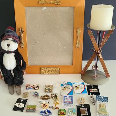 Lot 85: Vintage Collectible Ski Pins, Jackson Hole Ski Frame and More 