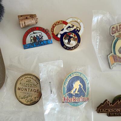 Lot 85: Vintage Collectible Ski Pins, Jackson Hole Ski Frame and More 