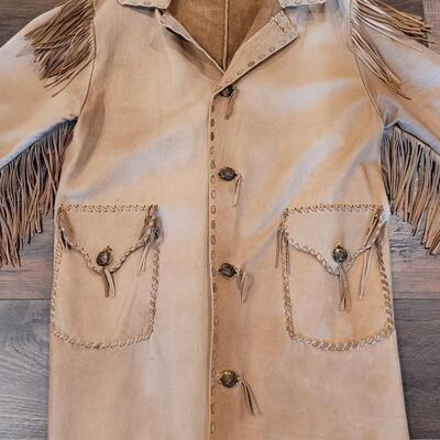 Lot 418: Vintage Leather Fringe Coat with RARE US Indian Services Buttons 